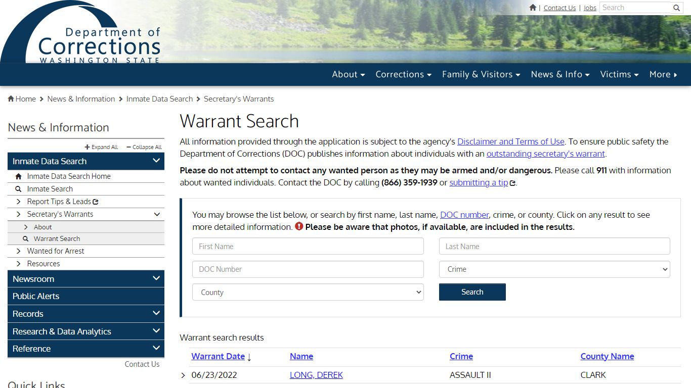 Warrant Search | Washington State Department of Corrections